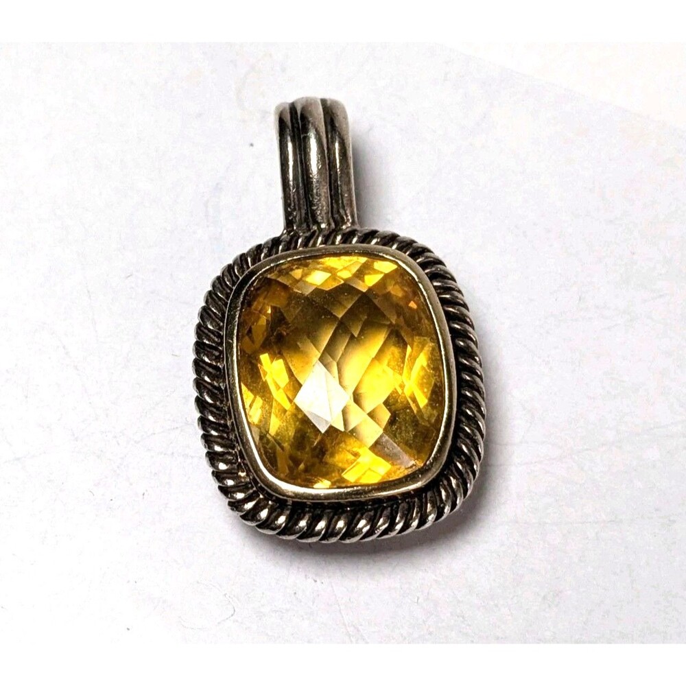 Sterling Silver 925 Citrine Faceted Cushion Roped Pendant